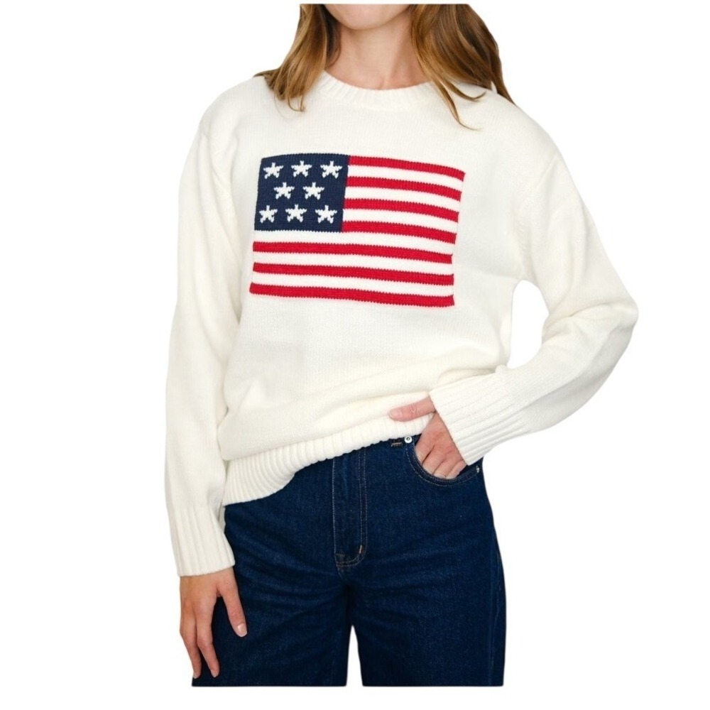 Mighty Fine Womens‎ American Flag Knit Sweater Cream Large 25VLIN0189A-001 NEW